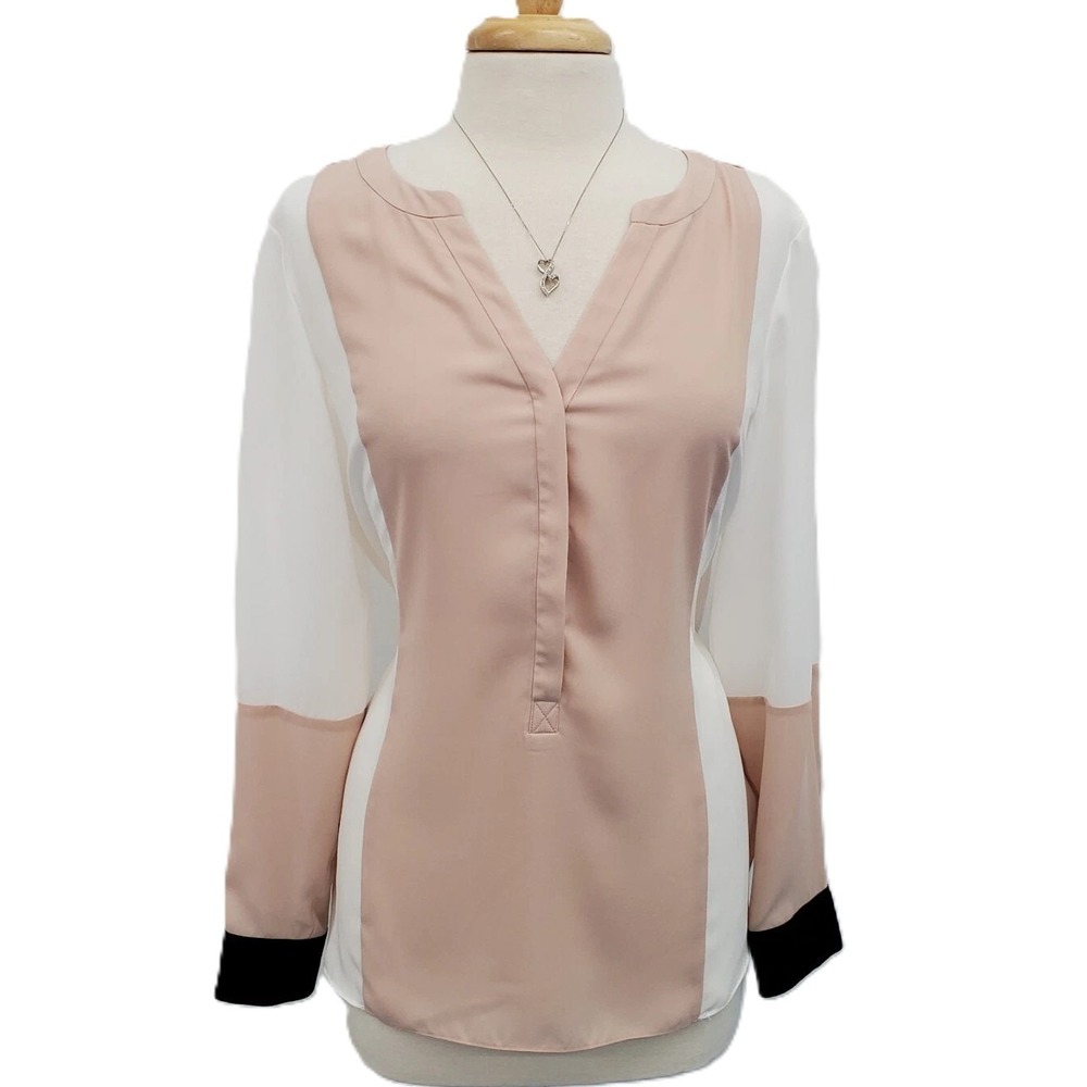 Vince Camuto Womens M Pink Beige Colorblock Blouse Chic Classic Minimal Layering
